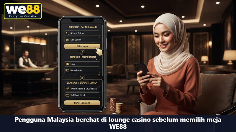 Pengguna Malaysia berehat di lounge casino sebelum memilih meja WE88